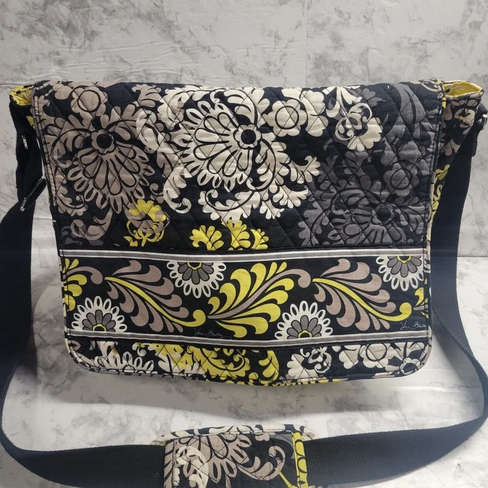 Vera Bradley Messenger Bag Provencal Quilted Cotton Floral Black Yellow Citron